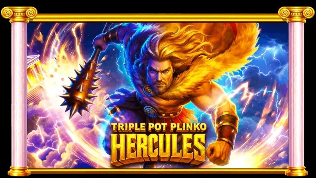 Tampilan visual slot Triple Pot Plinko – Hercules dengan latar Gunung Olympus