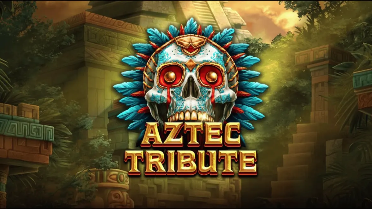 Pemandangan hutan dan kuil Aztec pada slot Aztec Tribute