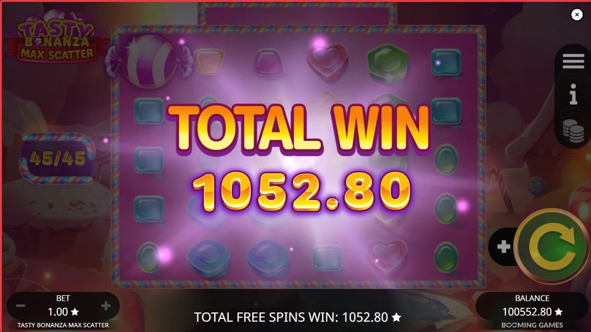Tampilan visual ceria dan penuh warna dari slot Tasty Bonanza Max Scatter