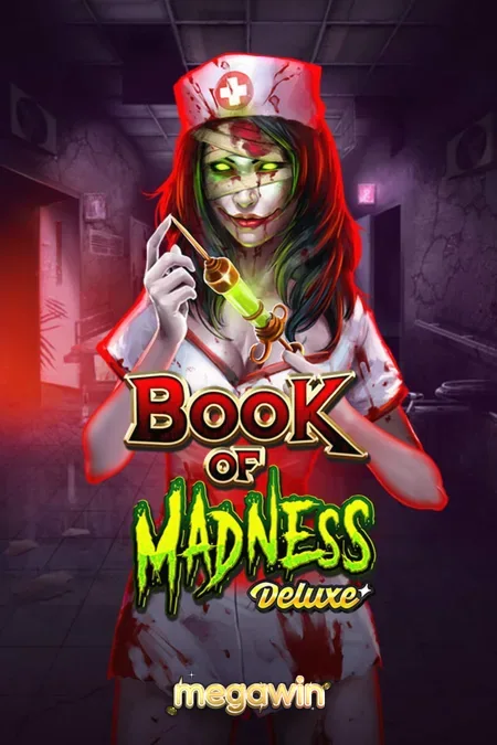 Tampilan visual slot Book of Madness Deluxe dengan tema rumah sakit jiwa yang mencekam